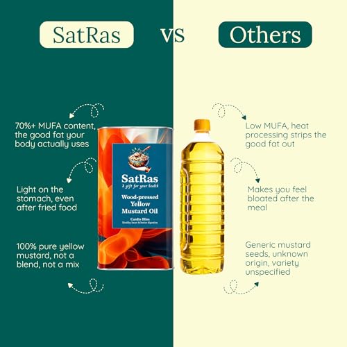 Image of SatRas Wood Pressed Yellow Mustard Oil 5 Ltr | Cold Pressed Kachi Ghani Sarso Oil | Wooden Kolhu Extracted Sarson Tel | Rich in Omega 3, 6 & Vitamin E, Unrefined, Chemical Free, Pure Indian Edible Oil