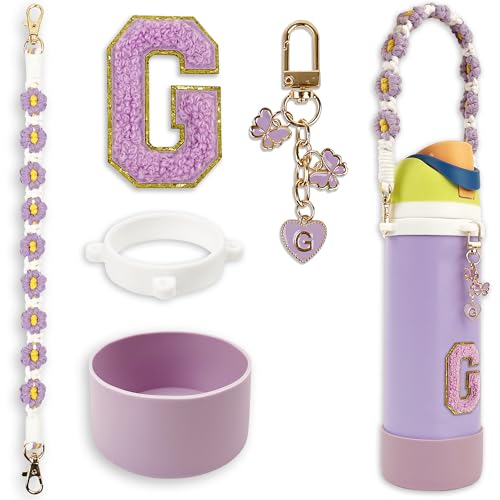Silicone Boot Cute Monogram Set Compatible with Owala Water Bottle 32 oz - Perfect Letter Owala Accessories for Owala Tumbler, Owala Free Sip, Pink Owala, Black Owala, owala coffee tumbler (Purple, G)