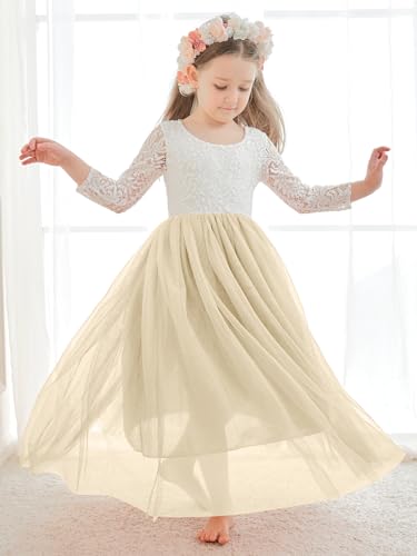 First Communion Dress Lace/Tulle Long Sleeve Flower Girl Dress Floor-Length Dresses for Wedding Garden Party 6M-14Y3