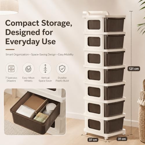 Image of Heavy Duty Plastic Storage Drawer with Wheels | Modular Cabinet for Bedroom, Office, Home or Classroom| Chest of Drawers Organiser for Cosmetics, Kitchen items, Toys (Brown, 7)