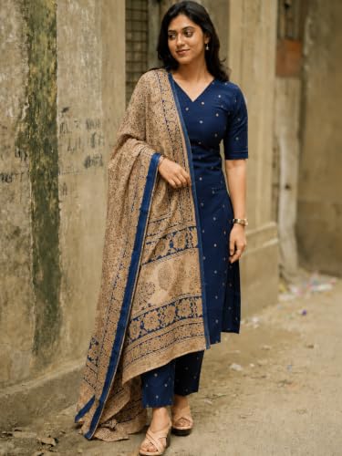 Image of GoSriKi Kurta Set Women Viscose Printed | Kurti Set Woman | Kurta Pant Dupatta 3 Piece Outfit | V-Neck Elbow Length Sleeve Straight Fit Ethnic Wear Ladies Dress Stylish Traditional Clothing