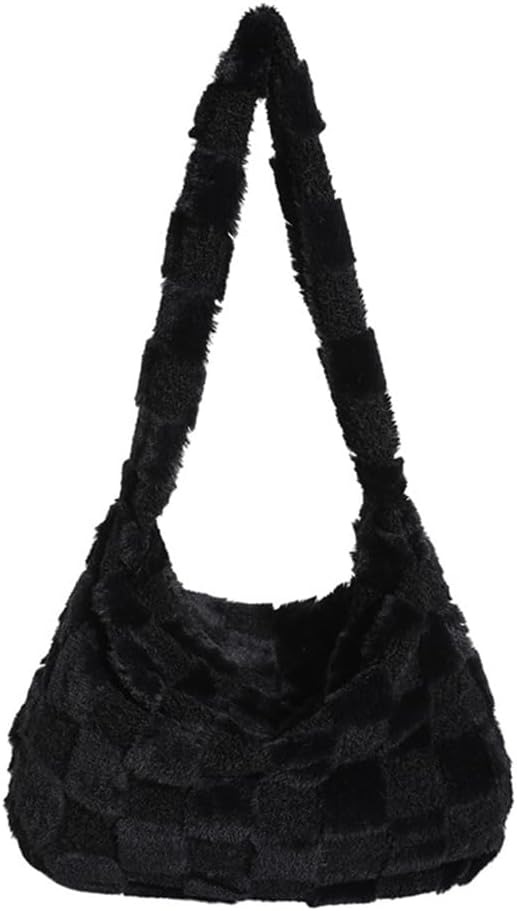 Fluffy Checkerboard Shoulder Bag for Women Plush Plaid Hobo Tote Bag Casual Lightweight Work Shopping Furry Purse