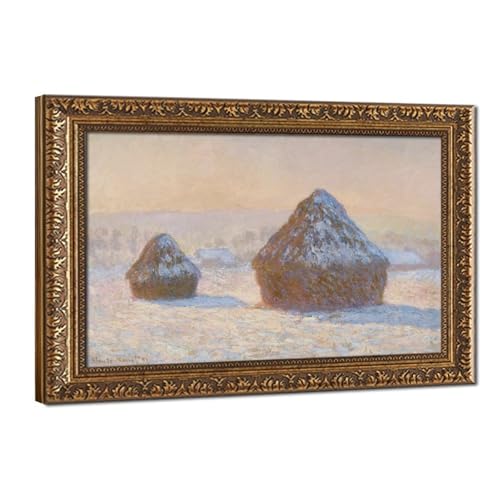 Tableau Monet Meules Effet de Neige Matin pour décoration murale bureau 61x91 cm