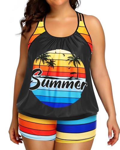 Image of Womens Plus Size Tankini Swimsuit Two Piece Tummy Control Bathing Suit | Blouson Racerback Tankini Top with Shorts, Double Up Design, Removable Pad