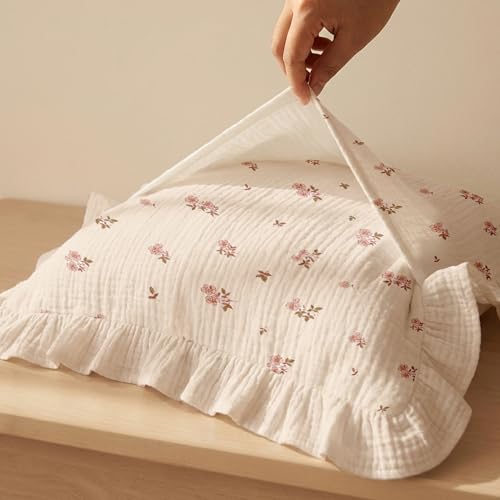 Image of Toddler Pillowcases for 13 inchx18 inch Pillow 2 Pack, Muslin Small Toddler Baby Kids Travel Pillow Covers for Boys Girls with Envelope Closure (Flower E & Pink-Ruffled, 13 x 18 Inch)