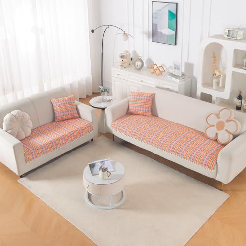 Image of HOKIPO 300 GSM Cotton Acrylic Jacquard Sofa Cover Mat for 5 Seater (3+2) with Tassel, 'Trivana Series' Coral Orange (IN-936+934-J2)