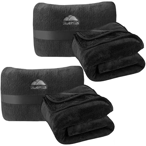 Image of BlueHills 2-Pack Mini Premium Soft Plush Travel Blanket Pillows Combo Black | Airplane Essentials, Bag with Hand Luggage Strap, Backpack Clip Accessories, Compact Portable Pouch, Long Flight Blankets