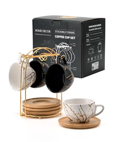 HOME DECOR Keramik Cappuccino Tassen 4er Set, 220ml stapelbare Cappuccino Tassen und Untertasse mit Metallständer für Kaffeeliebhaber, Cappuccino, Latte, Americano und Tee -Schwarz&Weiß