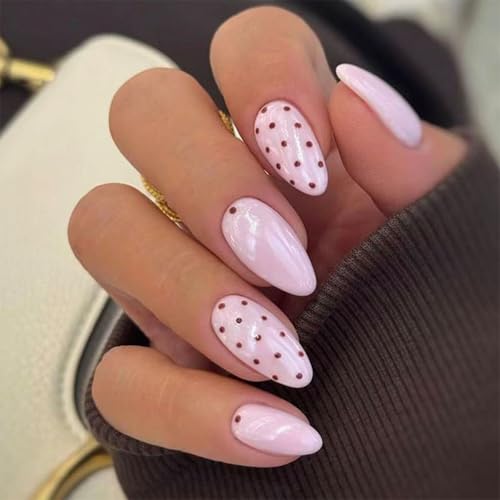 Polka Dot Press on Nails Short Almond Fake Nails Pink