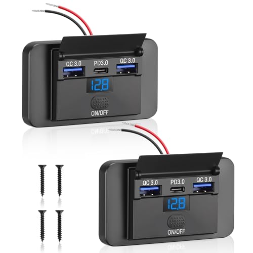 Thlevel Dual Presa USB 12V Caricabatteria da Auto Adattatore Pannello Doppia 18W QC 3.0 e 36W PD Porte Impermeabile Caricatore di Ricarica Rapida con Interruttore Voltmetro per Barche Camion 2 Pezzi