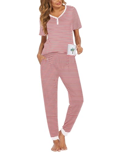 Image of Ekouaer Pajamas for Women Set 2 Piece Fall Lounge Sets Short Sleeve Pjs Joggers Long Pants Sleepwear with Pockets