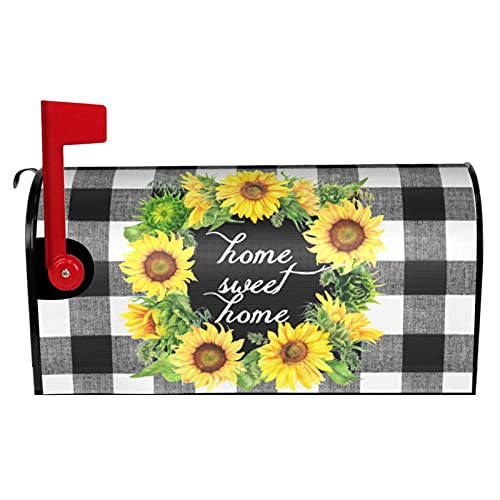 Spring Sunflower Wreath Mailbox Covers Magnetic 21X18 Inch With Home Sweeet Home Buffalo Plaid Decor Mailbox Decals Mailbox Wrap Post Letter Box Cover For Garden Yard Letter Box Decoration #TOP1
