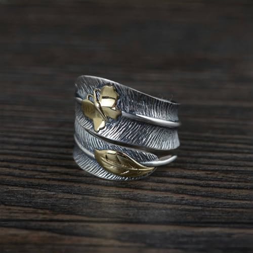 Two Tone 925 Sterling Silver Feather Ring Golden Butterfly Leaf for Women Men Open Adjustable3