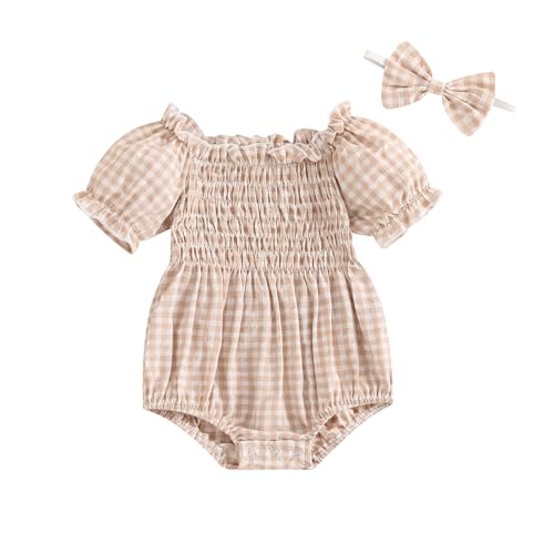 Image of Karuedoo Newborn Baby Girl Clothes Plaid Smocked Bubble Romper Puff Sleeve Pleated Bodysuit Jumpsuit Headband Summer Outfit (A-Khaki, 3-6 Months)