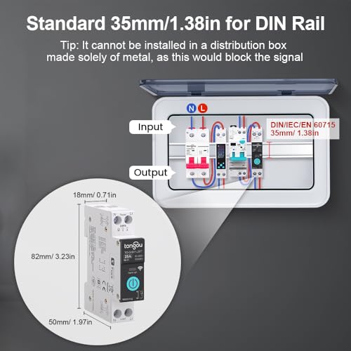 Image of TONGOU DIY 1P+N Smart Wi-Fi Switch, Work with Alexa and Google Assistant for Voice Control, 25A with Energy Monitor, Smart Life /Tuya APP Remote Control, Timer Functions, DIN Rail Mounted- HIVAGI