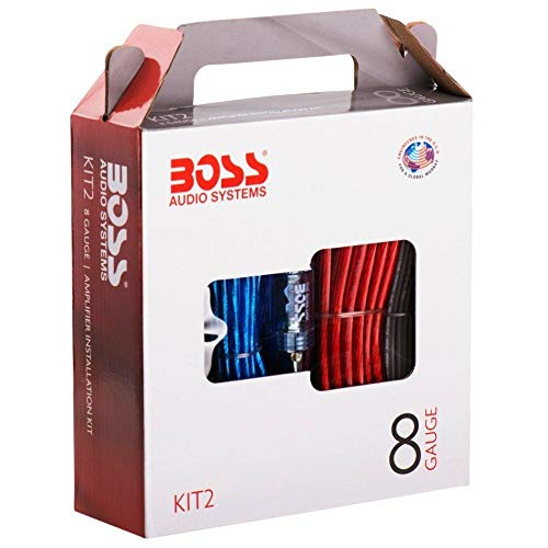 KIT CAVI compatibile con BOSS AUDIO SYSTEMS KIT-2 rca 8 awg gauge alimentazione per collegamento stereo amplificatore e altoparlanti con fusibile agu da 50 ampere e porta