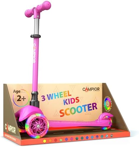 Campior Pink Mini 3 Wheel Scooter for Kids – Lean-to-Steer with LED Light-Up Wheels, Adjustable Handlebar, Wide Anti-Slip Deck, Smooth PU Wheels, Rear Foot Brake – Toddler Scooter for Ages 2+