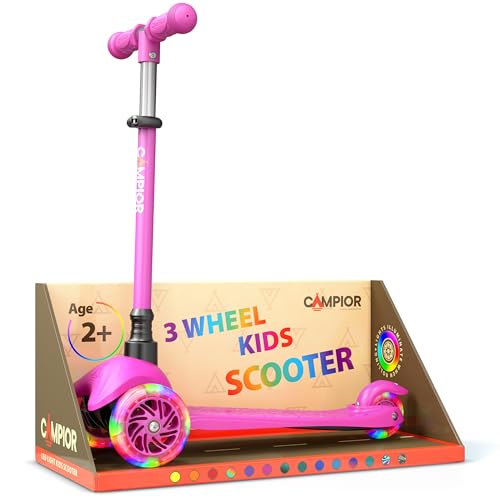 Campior Pink Mini 3 Wheel Scooter for Kids – Lean-to-Steer with LED Light-Up Wheels, Adjustable Handlebar, Wide Anti-Slip Deck, Smooth PU Wheels, Rear Foot Brake – Toddler Scooter for Ages 2+