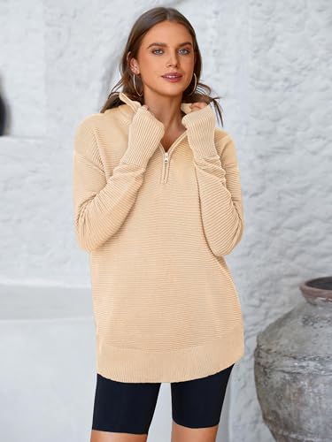 Image of PRETTYGARDEN Womens Long Sleeve Quarter Zip Pullover Sweater | Casual Loose V Neck Sweaters with Thumb Hole, Collared Ribbed Knit Jumper Tops, Oversized Tunic Tops, Fall Outfits 2026