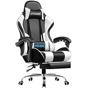 GTPLAYER Gaming Chair, Computer Chair with Footrest and Lumbar Support, Height Adjustable Game Chair with 360°-Swivel Seat and Headrest and for Office or Gaming (White)