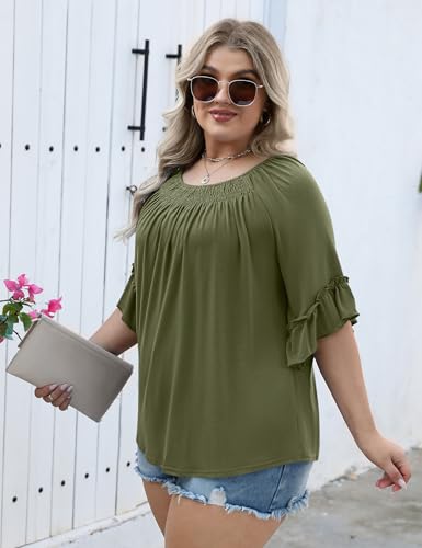 Image of Micoson Womens Plus Size Tops 3 /4 Ruffle Sleeve Crewneck Pleated Shirts