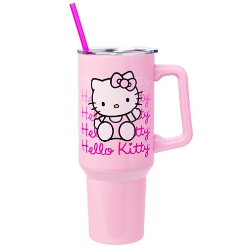 Silver Buffalo Sanrio Hello Kitty Waving Double Walled Stainless Steel Tumbler with Handle and Straw, Fits in Standard Cup Holder, 40 Ounces