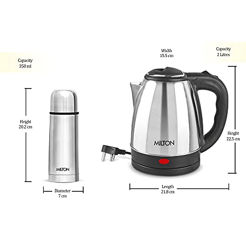 Image of MILTON Euroline Combo Set Go Electro Stainless Steel Electric Kettle, 1.8 Litres, Silver And Flip Lid Thermosteel Hot Or Cold Stainless Steel Water Bottle With Jacket, 350 Ml, Silver,1350 Watts