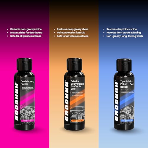 Image of GROOMMM Shampoo, Windshield Washer, Tyre & Trim Gel, Car &Bike Polish, Dashboard Polish Car Care Kit(100ml x5)|Car Polish Sponge & Microfiber Cloth (300 /600GSM)|Interior & Exterior Car Cleaning Kit