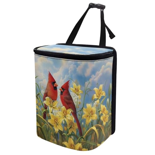 Image of Talayituse Cardinal Lily Flower Print Car Trash Can with Adjustable Straps, Zip Closure Car Trash Bag Bin Auto Garbage Bag Multipurpose Storage Box for Vehicle Travel Camping Picnicing