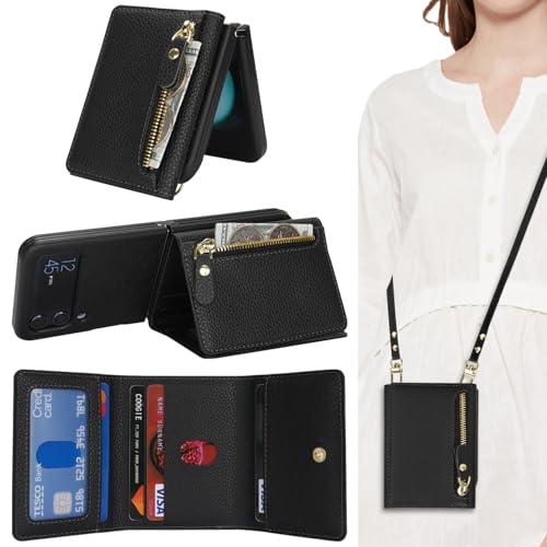 SunYoo for Samsung Galaxy Flip 4 Case Wallet with Card Holder,Z Flip 4 Case with Strap Crossbody Lanyard,Galaxy Z Flip 4 Case Cute for Women Men,PU Leather Shockproof Zipper Stand Phone Case-Black