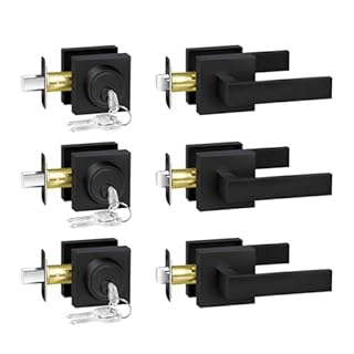 Camtek Exterior Door Lock Set, Door Locks for Front Door with Single Cylinder Deadbolt Lock, Matte Black Flat Square Passage Door Handle with Key for Front Door, 3 Pack (All Same Keyed Alike)