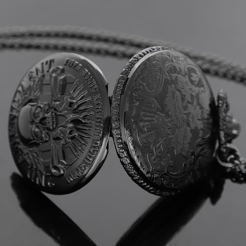 Image of Tiong Vintage Pocket Watch Engraved Cowboy Skull Wolf 3D Pattern Arabic Numerals Quartz Pocket Watch with Chain Best Gifts