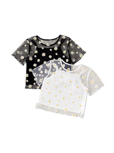 Girl's 2 Packs Mesh Shirt Crop Tops Floral Print Short Sleeve Summer Cute Shirt Tops for Teens