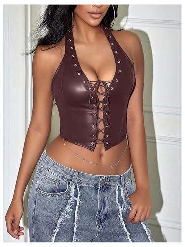 Image of WDIRARA Women's Punk PU Leather Halter Top Grommet Eyelet Tie Front Corset Crop Top