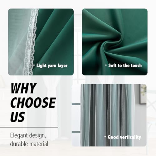 Image of Anytime Double Layer Blackout Curtains 2 Panels, 52Wx120L,Dark Green | Sheer And Fabric Window Drapes Grommet Top Solid Color Bedroom Living Room Home Decor