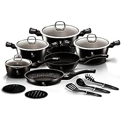 Cacerolas De Piedra Volcanica Berlinger Haus - Batería de cocina (15 piezas, piedra volcánica, color plateado y negro