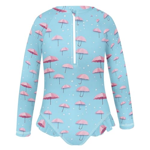 Umbrella Pink Girls Long Sleeve Rashguard Swimsuit UV Protection One-Piece Swimwear Bathing Suit B04024362