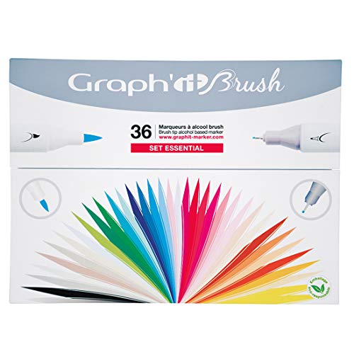 GRAPH’IT Marqueurs Couleurs - Set de 36 Marqueurs à Alcool Double Pointe - Illustration, Manga, Dessin - Pointe Extra-Fine et Pinceau - Couleurs Éclatantes et Rechargeables - Brush Marker