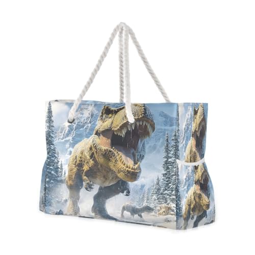Large Beach Bags Totes Canvas Tote Shoulder Bag Snow Mountain Dinosaurs Water Resistant Bags for Gym Travel Daily