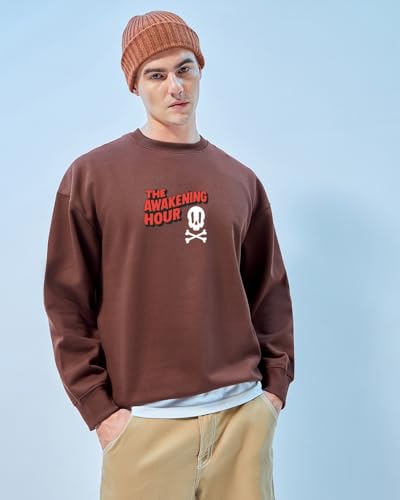 Image of Bewakoof Men's Graphic Printed Oversized Fit Full Sleeve Round Neck Fleece Sweatshirt