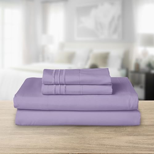 Image of Elegant Comfort Luxurious 1500 Premium Hotel Quality Microfiber Three Line Embroidered Softest 4-Piece Bed Sheet Set, Wrinkle and Fade Resistant, Twin /Twin XL, Lavender