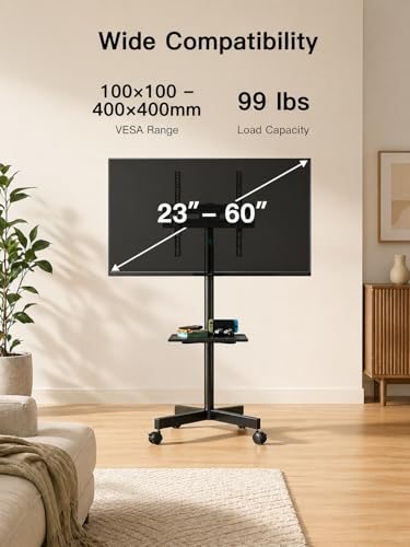 Image of BIG VUE Movable TV Trolley Stand with Wheels for 23 to 60 inch LED LCD 4K Smart TVs | Height Adjustable Floor Stand with Shelf | Heavy Duty Mobile TV Cart, Max VESA 400x400mm, Weight Capacity 40 kg