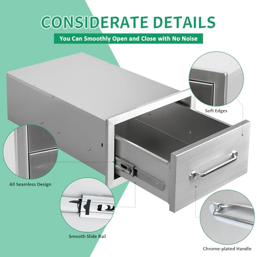 Image of Outdoor Kitchen Drawers 14 inch W x 8.5 inch H x 23 inch D Stainless Steel Single Drawers with Ergonomic Handle for BBQ Island, Patio Grill Station & Outdoor Kitchen Cabinets