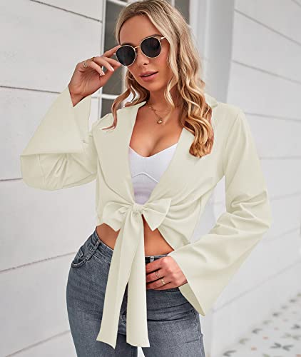 Zaful Women's Sexy Deep V Neck Tie Front Knot Wrap Crop Tops Casual Long Sleeve Blouses Shirts White #TOP1