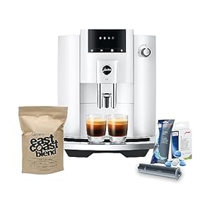 Jura E4 Automatic Coffee Machine (Piano White) with CLEARYL Smart+ Water Filtration, 6 Cleaning Tablets and East Coast Blend Whole Bean Coffee (4 Items)