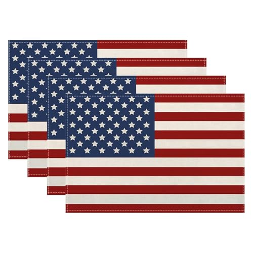 4th of July Patriotic Placemats 12x18 Inch Set of 4, American Flag Table Place Mat Independence Day Stars and Stripes Washable Table Mats Decorative Linen Fabric Table Mat for Dining Table
