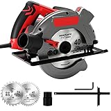 Circular Saw, Electric Saws with Laser Guide, 5000RPM 1500W Electric Circular Saw with 2 Saw Blades (24T+ 40T), 0-45° Bevel Adjustment, Ideal for Woodworking, Construction and Renovation (RED-A)
