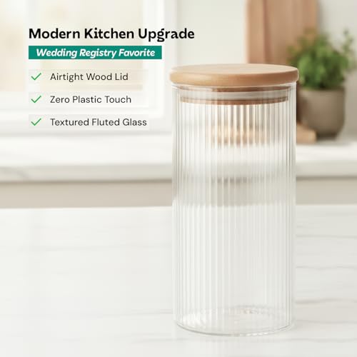 Image of amazon basics Set of 6 Large Fluted Glass Jars with Airtight Bamboo Lids | 1000ml Decorative Storage for Flour Cookies Dry Fruits | Premium Kitchen Canisters BPA-Free