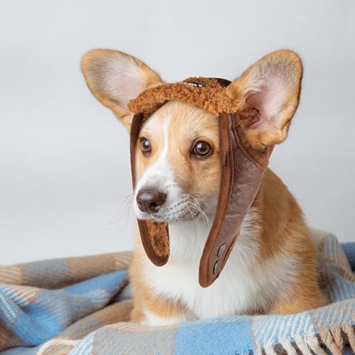 Rockreyoa Winter Warme Hundemütze mit Ohrenklappen Pilotenmütze Haustier Fliegermütze Wintermütze Hundehut Outdoor Kostümkappen für Hunde Party Fotografie Kostüm Feste Outdoor-Aktivitäten Braun L
