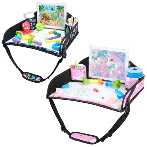 COOLBEBE Kids Travel Tray for Toddler Car Seat 2PCS Travel Tray for Airplane Lap Tray Carseat Table Tray for Kids Travel Activities Dinosaur & Pink Unicorn